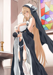 Rule 34 | 1girl, azur lane, black gloves, blazingchaos, blonde hair, breasts, candle, fake horns, from side, gloves, habit, hair between eyes, half gloves, halo, highres, horns, huge breasts, implacable (azur lane), indoors, interlocked fingers, long hair, looking at viewer, mechanical halo, nun, own hands together, pelvic curtain, red eyes, revealing clothes, solo, stained glass, standing, thighhighs, very long hair, white horns, white thighhighs