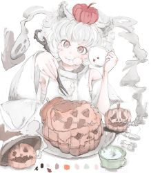 Rule 34 | 1girl, animal ears, ashiu, cup, detached sleeves, eating, food, food on head, fork, halloween, head tilt, highres, holding, holding cup, inubashiri momiji, jack-o&#039;-lantern, looking at viewer, object on head, pom pom (clothes), pumpkin, pumpkin on head, red eyes, short hair, simple background, sitting, solo, tail, touhou, white background, white hair, wolf ears, wolf tail