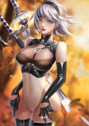 Rule 34 | 1girl, absurdres, android, bare shoulders, blue eyes, breasts, elbow gloves, gloves, highres, leotard, lips, looking at viewer, medium breasts, nier (series), nier:automata, parted lips, short hair, silver hair, solo, standing, sword, thighhighs, thighs, weapon, wide hips, 2b (nier:automata)
