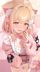 Rule 34 | 1girl, absurdres, animal ear fluff, animal ears, bell, blonde hair, blush, breasts, cat ears, cat girl, cat tail, cleavage, hand on own thigh, hashtag-only commentary, heart o-ring, highres, jacket, kemomimi refle!, large breasts, leaning forward, long sleeves, looking at viewer, miniskirt, mole, mole under eye, neck bell, nekoma karin, open mouth, pink eyes, pink jacket, pink skirt, plaid, plaid skirt, puffy long sleeves, puffy sleeves, ray mil68, shirt, short hair, skirt, smile, solo, tail, thigh strap, virtual youtuber, white shirt, wing hair ornament