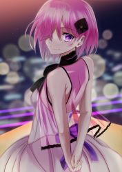 Rule 34 | 1girl, absurdres, arms behind back, back bow, bad id, bad pixiv id, black neckwear, blurry, blurry background, bow, breasts, closed mouth, dress, fate/grand order, fate (series), from behind, hair between eyes, hair over one eye, highres, lens flare, looking at viewer, looking back, mash kyrielight, mash kyrielight (under the same sky), official alternate costume, pink dress, pink hair, purple bow, purple eyes, see-through, short hair, sleeveless, sleeveless dress, small breasts, smile, solo, standing, tirudo29