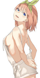 Rule 34 | 1girl, ass, bare arms, bare shoulders, blush, breasts, brown hair, commentary request, go-toubun no hanayome, green ribbon, hair between eyes, hair ribbon, head tilt, highres, looking at viewer, looking to the side, medium breasts, nakano yotsuba, naked overalls, open mouth, overall skirt, overalls, ribbon, sideboob, simple background, smile, solo, susukida (sususabu0710), teeth, upper teeth only, white background