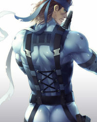 Rule 34 | 1boy, ass, beard, blue eyes, brown hair, facial hair, gun, headband, male focus, manly, md5 mismatch, metal gear (series), metal gear solid, metal gear solid 2: sons of liberty, mullet, solid snake, solo, usagi me, weapon