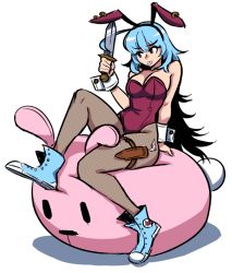 Rule 34 | 1girl, akairiot, animal ears, bare shoulders, bean bag chair, black hair, blue footwear, blue hair, breasts, bunny crimson (akairiot), cleavage, earrings, fake animal ears, fishnet pantyhose, fishnets, holding, holding knife, jewelry, knife, large breasts, leotard, long hair, multicolored hair, original, pantyhose, playboy bunny, rabbit ears, rabbit tail, red leotard, shadow, sheath, shoes, simple background, sneakers, solo, strapless, strapless leotard, tail, tongue, tongue out, two-tone hair, very long hair, white background, wrist cuffs