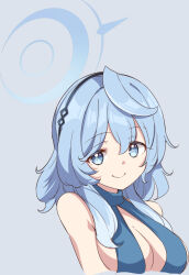 Rule 34 | 1girl, ako (blue archive), ako (dress) (blue archive), black hairband, blue archive, blue dress, blue eyes, blue hair, blue halo, breasts, cleavage, closed mouth, dress, grey background, hair between eyes, hairband, halo, large breasts, long hair, moja (moja4192), official alternate costume, sideboob, simple background, sleeveless, sleeveless dress, smile, solo, upper body