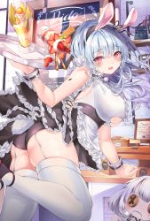 Rule 34 | 1girl, absurdres, animal ears, apron, ass, azur lane, bare shoulders, black hairband, blush, breasts, button eyes, buttons, character doll, choker, cleavage cutout, clothing cutout, coffee, cookie, dido (azur lane), dress, earrings, fake animal ears, food, frilled apron, frilled choker, frills, fudge 0 0, hair ornament, hairband, highres, huge filesize, jewelry, lace-trimmed hairband, lace trim, large breasts, long hair, looking at viewer, maid, maid apron, open mouth, pink eyes, rabbit ears, silver hair, sleeveless, thighhighs, tray, underboob, underboob cutout, waist apron, waitress, white apron, white thighhighs