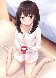 Rule 34 | 1girl, barefoot, bed, blush, bra strap, breasts, brown hair, cleavage, collarbone, collared shirt, cup, expressionless, floor, highres, holding, holding cup, indoors, long hair, long sleeves, looking at viewer, on floor, open mouth, original, red eyes, shirt, sitting, solo, wariza, white shirt, yukimaru217