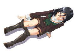 Rule 34 | 1girl, black hair, black pantyhose, blue eyes, blush, breasts, closed mouth, clothes pull, collarbone, feet, from above, glasses, green neckerchief, hibike! euphonium, june (ne z asa), long hair, looking at viewer, looking up, medium breasts, neckerchief, pantyhose, pantyhose pull, school uniform, shiny skin, simple background, sitting, smile, solo, tanaka asuka, white background
