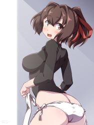 Rule 34 | 1girl, 547th sy, ass, blush, breasts, brown eyes, brown hair, dated, from behind, hair between eyes, hair ribbon, head tilt, highres, ise (kancolle), kantai collection, large breasts, long sleeves, open mouth, panties, ponytail, ribbon, side-tie panties, signature, simple background, solo, undershirt, underwear, white panties