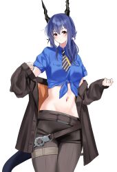 Rule 34 | 1girl, arknights, black jacket, black pants, blue hair, blue shirt, ch&#039;en (after storm) (arknights), ch&#039;en (arknights), commentary request, cowboy shot, dragon horns, dragon tail, highres, horns, jacket, lily0428, long hair, looking at viewer, midriff, navel, necktie, off shoulder, official alternate costume, pants, red eyes, shirt, short sleeves, sidelocks, simple background, solo, standing, stomach, tail, thighs, tied shirt, white background