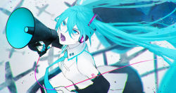 Rule 34 | 1girl, absurdres, aircraft, airplane, blue eyes, blue hair, blurry, blurry background, cable, collared shirt, colored skin, debris, detached sleeves, floating hair, hair ornament, hand up, hatsune miku, headphones, highres, holding, holding megaphone, koi wa sensou (vocaloid), long hair, long sleeves, megaphone, nail polish, necktie, open mouth, platform, railing, shion (reira), shirt, shouting, skirt, sleeveless, sleeveless shirt, solo, thick eyebrows, twintails, v-shaped eyebrows, very long hair, vocaloid, white skin