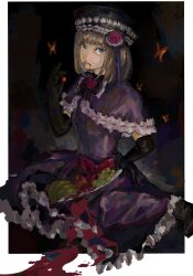 Rule 34 | 1girl, aged down, apple, ashashio, banana, black bow, black gloves, blue eyes, blunt bangs, bob cut, bow, bowtie, brown hair, bug, butterfly, capelet, dark, dark background, dress, eating, elbow gloves, eva beatrice, flower, food, framed, frilled capelet, frilled dress, frills, fruit, full body, gloves, goth fashion, gothic lolita, grapes, hair flower, hair ornament, hand on own hip, hat, highres, holding, holding food, holding fruit, insect, lace, light brown hair, lolita fashion, looking at viewer, on ground, parted lips, purple capelet, purple dress, red bow, red flower, rose, short hair, sitting, solo, spoilers, umineko no naku koro ni, ushiromiya eva, wariza, witch