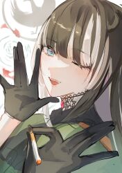 Rule 34 | 1girl, black gloves, black hair, blue eyes, blunt bangs, choker, cigarette, commentary request, dress, gloves, gothic lolita, green dress, grey hair, harukayu yu, highres, holding, holding cigarette, hololive, hololive dev is, juufuutei raden, lace, lace choker, lolita fashion, looking at viewer, one eye closed, open mouth, solo, teeth, upper teeth only, virtual youtuber
