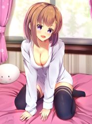 Rule 34 | 1girl, :d, amane 1906, artist name, backlighting, bed sheet, black thighhighs, blush, breasts, brown hair, cleavage, collarbone, curtains, dress shirt, hair ornament, hairclip, head tilt, highres, indoors, looking at viewer, medium breasts, mole, mole on breast, on bed, open clothes, open mouth, open shirt, original, purple eyes, shiny skin, shirt, sidelocks, signature, sitting, skindentation, smile, thighhighs, wariza, window