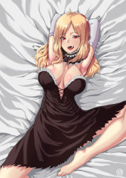 Rule 34 | 1girl, absurdres, armpits, arms behind head, bad id, bad pixiv id, barefoot, black dress, blonde hair, breasts, breasts apart, choker, dress, elbow gloves, elzlo, fangs, frilled dress, frills, gloves, highres, large breasts, long hair, looking at viewer, lying, no bra, no panties, on back, open mouth, original, red eyes, slit pupils, solo, spread legs, vampire, wavy hair, white gloves