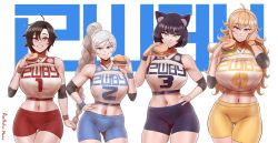 Rule 34 | 4girls, aestheticc-meme, ahoge, animal ears, bare shoulders, bike shorts, black hair, blake belladonna, blonde hair, blue eyes, breasts, burger, cat ears, closed mouth, compression sleeve, elbow pads, english text, food, gloves, gluteal fold, gradient hair, grey eyes, hand on own face, high ponytail, highres, holding, holding food, large breasts, long hair, looking at viewer, medium breasts, midriff, multicolored hair, multiple girls, navel, open mouth, ponytail, purple eyes, red hair, ruby rose, rwby, short hair, shorts, simple background, smile, sports bra, sportswear, sweatband, teeth, thigh gap, wavy hair, weiss schnee, white hair, yang xiao long, yellow eyes