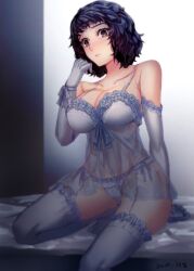 Rule 34 | 1girl, artist name, babydoll, bare shoulders, bed, black hair, blush, bra, breasts, brown eyes, cleavage, closed mouth, collarbone, elbow gloves, embarrassed, frilled thighhighs, frills, garter straps, gloves, indoors, kawakami sadayo, lace, large breasts, lingerie, looking at viewer, panties, persona, persona 5, ribbon, see-through, short hair, signature, sitting, solo, thighhighs, underwear, white gloves, white panties, white thighhighs, wrist ribbon, yaoto