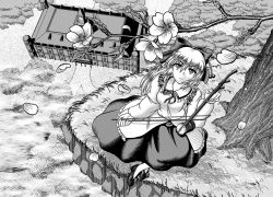 Rule 34 | 1girl, 59bits, bad id, bad pixiv id, bow, bow (music), cherry blossoms, erhu, female focus, flower, greyscale, hair ornament, looking up, monochrome, outdoors, satsuki rin, scarlet devil mansion, shoes, solo, source request, embodiment of scarlet devil, touhou, tree