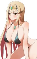 Rule 34 | absurdres, bikini, black bikini, blonde hair, blush, breasts, chest jewel, commentary request, core crystal (xenoblade), embarrassed, gem, hands on own knees, headpiece, highres, kanuici336, large breasts, leaning forward, light frown, long hair, looking at viewer, mythra (xenoblade), sidelocks, swept bangs, swimsuit, tiara, white background, xenoblade chronicles (series), xenoblade chronicles 2, yellow eyes