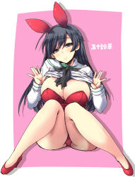 Rule 34 | 10s, 1girl, ahoge, alternate costume, animal ears, black eyes, black hair, black neckerchief, blouse, breasts, character name, cleavage, closed mouth, clothes lift, fake animal ears, full body, girls und panzer, high heels, highres, isuzu hana, large breasts, leotard, long hair, long sleeves, looking at viewer, neckerchief, ooarai school uniform, outside border, pink background, playboy bunny, rabbit ears, red footwear, red leotard, school uniform, serafuku, shinshin, shirt, shirt lift, shoes, sitting, smile, solo, strapless, strapless leotard, white shirt