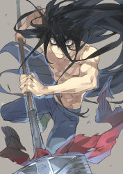 Rule 34 | 1boy, aotsuki ushio, bad id, bad pixiv id, black hair, blue eyes, blue legwear, brown background, closed mouth, crack, frown, hair between eyes, holding, holding polearm, holding spear, holding weapon, long hair, male focus, muscular, polearm, signature, simple background, solo, spear, topless male, toujou sakana, ushio to tora, weapon