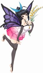 Rule 34 | 1girl, artistic error, barefoot, black eyes, black hair, breasts, bridal gauntlets, bridal legwear, butterfly wings, cle masahiro, cleavage, dress, feet, flower, full body, high ponytail, holding, insect wings, jewelry, kirihara konoe, large breasts, leg lift, long hair, looking at viewer, official art, simple background, solo, toe ring, toeless legwear, toes, valkyrie drive, valkyrie drive -siren-, white background, wings
