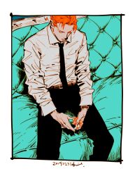 Rule 34 | 1boy, alexander (veil), belt, blue background, cigarette, cigarette pack, commentary, couch, dated, from above, holding, holding cigarette pack, kotteri, male focus, necktie, on couch, orange hair, rectangle, shirt, short hair, sitting, solo, symbol-only commentary, veil (manga), watch, wristwatch