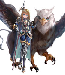 Rule 34 | 1girl, absurdres, armor, armored boots, blonde hair, blue cape, blue eyes, blue pants, blue shirt, blush, boots, breastplate, cape, closed mouth, commentary request, cross, cross necklace, full body, gauntlets, griffin, gryphon (ragnarok online), highres, holding, holding polearm, holding weapon, imperial guard (ragnarok online), jewelry, knight, leg armor, long hair, looking at viewer, necklace, pants, pauldrons, polearm, ragnarok online, sail (sail-away), shirt, shoulder armor, simple background, smile, spear, weapon, white background