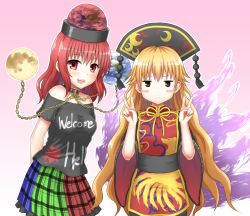 Rule 34 | 2girls, bare shoulders, blush, blush stickers, chain, chinese clothes, clothes writing, collar, double v, dress, earth (ornament), fox tail, gradient background, hat, hecatia lapislazuli, highres, junko (touhou), long hair, long sleeves, looking at viewer, moon (ornament), multicolored clothes, multicolored skirt, multiple girls, multiple tails, obi, open mouth, orange hair, pink background, plaid, plaid skirt, red eyes, red hair, sariri fudou, sash, shirt, short hair, short sleeves, skirt, smile, t-shirt, tabard, tail, touhou, turtleneck, v, wide sleeves