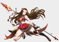 1girl absurdres alice_leah aly_doppelbvnger brown_hair dress freckles genshin_impact highres long_hair looking_at_viewer original red_dress red_eyes smile solo weapon weapon_on_back