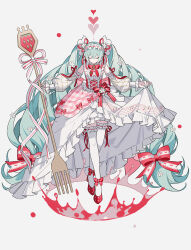 Rule 34 | 1girl, absurdres, aqua hair, aqua nails, bow, bowing, bowtie, buttons, closed eyes, closed mouth, collared shirt, commentary, cross-laced clothes, crossed bangs, crossed legs, curtsey, detached sleeves, english commentary, flower, fork, frilled shirt, frilled skirt, frilled sleeves, frilled thighhighs, frills, full body, grey background, hair between eyes, hatsune miku, headdress, heart, highres, holding, holding fork, kazenemuri, long hair, long sleeves, nail polish, oversized object, patterned clothing, plaid, polka dot, polka dot footwear, puffy long sleeves, puffy sleeves, red bow, red bowtie, red footwear, red ribbon, ribbon, shirt, sidelocks, simple background, skirt, sleeveless, sleeveless shirt, smile, solo, staff (music), standing, strawberry miku (morikura), thighhighs, twintails, very long hair, vocaloid, white flower, white headdress, white ribbon, white shirt, white skirt, white thighhighs, zettai ryouiki