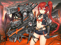 Rule 34 | 1girl, belt, bikini, bikini top only, cropped jacket, gia, gun, jewelry, knife, long hair, looking at viewer, mecha, necklace, original, prosthesis, prosthetic arm, red eyes, red hair, robot, short shorts, shorts, side ponytail, solo, swimsuit, thigh strap, weapon
