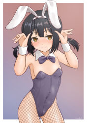 Rule 34 | 1girl, absurdres, animal ears, black hair, blush, bow, bowtie, breasts, brown eyes, covered navel, detached collar, fake animal ears, fate/kaleid liner prisma illya, fate (series), fishnet pantyhose, fishnets, grey leotard, hair ornament, hairclip, hands up, highleg, highleg leotard, highres, leotard, long hair, looking at viewer, miyu edelfelt, pantyhose, playboy bunny, rabbit ears, rabbit pose, sidelocks, sirokohi, small breasts, smile, solo, twintails, white wrist cuffs, wrist cuffs