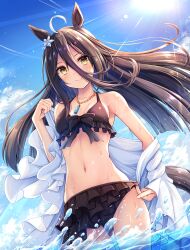 Rule 34 | 1girl, absurdres, ahoge, akashio (loli ace), animal ears, bare shoulders, bikini, black bikini, black hair, blue flower, blue sky, blush, breasts, brown eyes, closed mouth, cloud, commentary request, day, flower, frilled bikini, frills, hair between eyes, hair flower, hair ornament, hand up, highres, horse ears, horse girl, horse tail, jacket, long hair, long sleeves, looking at viewer, manhattan cafe (the bubbles that i see with you) (umamusume), manhattan cafe (tobasuze hot summer!) (umamusume), manhattan cafe (umamusume), navel, open clothes, open jacket, outdoors, sky, sleeves past wrists, small breasts, smile, solo, swimsuit, tail, umamusume, very long hair, white jacket, wide sleeves