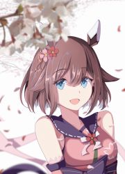 Rule 34 | 1girl, :d, alua, animal ears, blue eyes, brown hair, cherry blossoms, commentary request, flower, hair between eyes, hair flower, hair ornament, hair ribbon, highres, horse ears, horse girl, looking at viewer, open mouth, partial commentary, pink ribbon, ribbon, sakura chiyono o (umamusume), short hair, smile, solo, umamusume, upper body