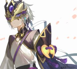 Rule 34 | 1boy, blue eyes, closed mouth, fake horns, fate/grand order, fate (series), grey background, grey hair, horned headwear, horned mask, horns, hou (ppo), looking at viewer, magatama, male focus, mask, petals, prince of lan ling (fate), purple eyes, rope, saber (lostbelt), solo, upper body, watermark, web address, white hair, wide sleeves