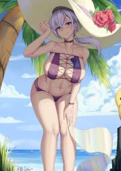 Rule 34 | 1girl, absurdres, azur lane, bare shoulders, bikini, black choker, blue sky, blush, breasts, chinese commentary, choker, cleavage, closed mouth, cloud, collarbone, commentary request, covered erect nipples, cross-laced bikini, cross-laced clothes, day, earrings, grayfoxpochi, grey hair, groin, hair between eyes, hand up, hat, highres, jewelry, lanyard, large breasts, large hat, leaning forward, long hair, looking at viewer, low ponytail, manjuu (azur lane), mixed-language commentary, navel, ocean, official alternate costume, outdoors, palm tree, purple bikini, purple eyes, reno (azur lane), reno (summer spin-off) (azur lane), rock, sidelocks, signature, sky, smile, solo, standing, stomach, strapless, strapless bikini, sun hat, swimsuit, tree, watch, wristwatch