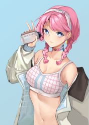 Rule 34 | 1girl, absurdres, arknights, bare shoulders, blue background, blue eyes, blue poison (arknights), blue poison (shoal beat) (arknights), braid, breasts, camisole, character name, choker, cleavage, clothes writing, commentary request, grey jacket, hairband, hand up, highres, holding, jacket, kuroja, long hair, looking at viewer, medium breasts, midriff, navel, off shoulder, official alternate costume, open clothes, open jacket, pink choker, pink hair, simple background, smile, solo, spaghetti strap, sports bra, stomach, twin braids, v