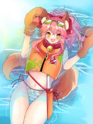 Rule 34 | 1girl, absurdres, animal ear fluff, animal ears, animal hands, bell, bikini, blush, cat paws, collar, commentary, commentary request, fang, fate/grand order, fate (series), fox ears, fox girl, fox tail, gloves, hair ribbon, highres, jingle bell, long hair, looking at viewer, loska, neck bell, open mouth, paw gloves, pink hair, red ribbon, ribbon, solo, swimsuit, tail, tamamo (fate), tamamo cat (fate), yellow eyes