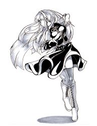 Rule 34 | boots, highres, ink (medium), knee boots, long hair, megurine luka, monochrome, pompmaker1, shiny clothes, solo, traditional media, vocaloid
