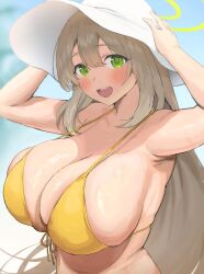 Rule 34 | 1girl, bikini, blue archive, blurry, blurry background, breasts, brown hair, bursting breasts, green eyes, hair between eyes, halo, hat, highres, huge breasts, long hair, looking at viewer, nekoshoko, nonomi (blue archive), nonomi (swimsuit) (blue archive), official alternate costume, open mouth, round teeth, skindentation, smile, solo, swimsuit, teeth, upper body, upper teeth only, white hat, yellow bikini, yellow halo