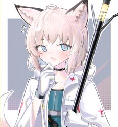 Rule 34 | 1girl, ahoge, animal ear fluff, animal ears, arknights, black choker, blue dress, blue eyes, blush, brown hair, choker, collarbone, dress, eyebrows hidden by hair, flying sweatdrops, fox ears, fox girl, fox tail, gloves, hand up, highres, holding, jacket, looking at viewer, open clothes, open jacket, open mouth, solo, spam (spamham4506), sussurro (arknights), sweat, tail, white gloves, white jacket