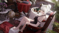 Rule 34 | 1girl, absurdres, alternate costume, animal ear fluff, animal ears, arknights, arm strap, armchair, artist name, bare legs, barefoot, black dress, book, book stack, breasts, candlestand, cat ears, chair, closed mouth, cup, dress, from side, full body, globe, green eyes, highres, indoors, jewelry, kal&#039;tsit (arknights), ling dianxia, looking at viewer, looking to the side, medium breasts, phonograph, plant, potted plant, ring, short hair, short ponytail, sitting, sleeveless, sleeveless dress, smile, solo, tablecloth, teacup, teapot, tray, vase, white hair