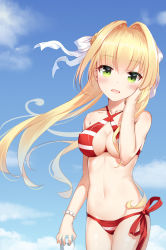 Rule 34 | bikini, blonde hair, blush, breasts, caster (nero claudius), cleavage, day, fate/grand order, fate (series), green eyes, hair between eyes, hair intakes, halterneck, head tilt, long hair, nero claudius (fate), nero claudius (fate) (all), nero claudius (swimsuit caster) (fate), nero claudius (swimsuit caster) (third ascension) (fate), outdoors, side-tie bikini bottom, sky, smile, solo, striped bikini, striped clothes, swimsuit, twintails, very long hair
