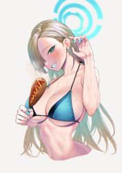Rule 34 | 1girl, absurdres, arm up, asuna (blue archive), bare arms, bare shoulders, bikini, blue archive, blue bikini, blush, breasts, commentary request, detached collar, food, grin, hair over one eye, halo, hands up, highres, holding, holding food, hot dog, kazane-wind, large breasts, light brown hair, long hair, looking at viewer, nail polish, navel, smile, solo, string bikini, sweat, swimsuit, upper body