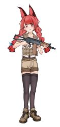 Rule 34 | 1girl, alternate costume, animal ears, assault rifle, black thighhighs, blunt bangs, braid, brown footwear, brown haori, caris 06, cat ears, cat girl, chinese commentary, closed mouth, commentary request, extra ears, fang, full body, gun, highres, holding, holding gun, holding weapon, kaenbyou rin, kalashnikov rifle, long hair, looking at viewer, military uniform, red eyes, red hair, rifle, side braids, solo, thighhighs, touhou, twin braids, uniform, v-shaped eyebrows, weapon