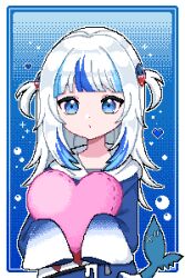 Rule 34 | 1girl, absurdres, animal costume, blue eyes, blue hair, blue heart, blue hoodie, blunt bangs, fins, fish tail, gawr gura, gawr gura (1st costume), hair ornament, heart, heart-shaped pillow, highres, hololive, hololive english, hood, hoodie, kaisin ao, medium hair, multicolored hair, pillow, pixel art, shark costume, shark girl, shark hair ornament, shark tail, sidelocks, solo, streaked hair, tail, two side up, virtual youtuber, white hair