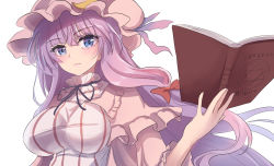 Rule 34 | 1girl, alternate eye color, blue eyes, blush, book, bow, bowtie, breasts, capelet, choker, closed mouth, collared dress, commentary request, crescent, crescent hat ornament, double bun, dress, eyes visible through hair, frilled choker, frills, gradient clothes, gradient ribbon, hair between eyes, hair bow, hair bun, hand up, hat, hat ornament, hat ribbon, highres, large breasts, long hair, long sleeves, looking to the side, mob cap, namiki (remiter00), open book, open clothes, open dress, patchouli knowledge, pentagram, pink capelet, pink choker, pink dress, pink hat, pink ribbon, purple bow, purple bowtie, purple hair, purple ribbon, red bow, ribbon, simple background, solo, striped clothes, striped dress, touhou, upper body, white background, wide sleeves