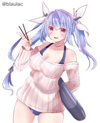 Rule 34 | 10s, 1girl, bad id, bad pixiv id, blue hair, breasts, fang, food, hair ornament, hair ribbon, i-19 (kancolle), kantai collection, large breasts, long hair, masayo (gin no ame), off-shoulder, off-shoulder sweater, off shoulder, one-piece swimsuit, open mouth, pocky, red eyes, ribbed sweater, ribbon, school swimsuit, smile, solo, star-shaped pupils, star (symbol), sweater, swimsuit, swimsuit under clothes, symbol-shaped pupils, torpedo, tri tails, twintails, twitter username
