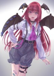 Rule 34 | 1girl, :d, absurdres, adapted costume, arm belt, bandaid, bandaid on leg, bat wings, belt, blunt bangs, buckle, collar, crescent, cross, gradient background, grey background, guchadoro, hand on own hip, happy, head wings, highres, holster, koakuma, latin cross, long hair, long sleeves, looking at viewer, necktie, open mouth, red eyes, red hair, shirt, simple background, smile, solo, suspenders, teeth, thigh holster, thigh strap, touhou, upper teeth only, very long hair, wings
